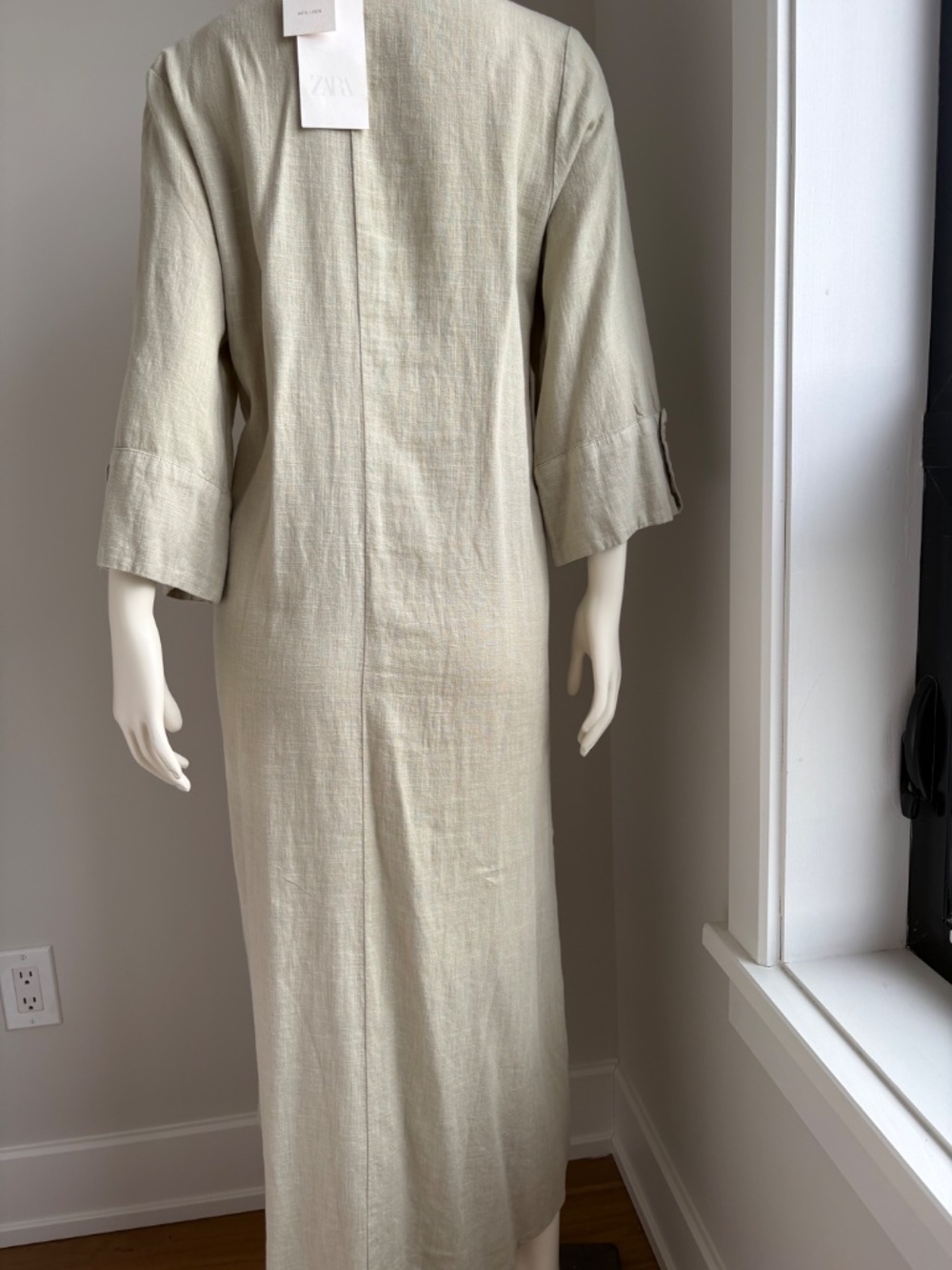 Zara Linen Blend Maxi Shirt Dress NWT XS Sage Green Button Front - Picture 2 of 6